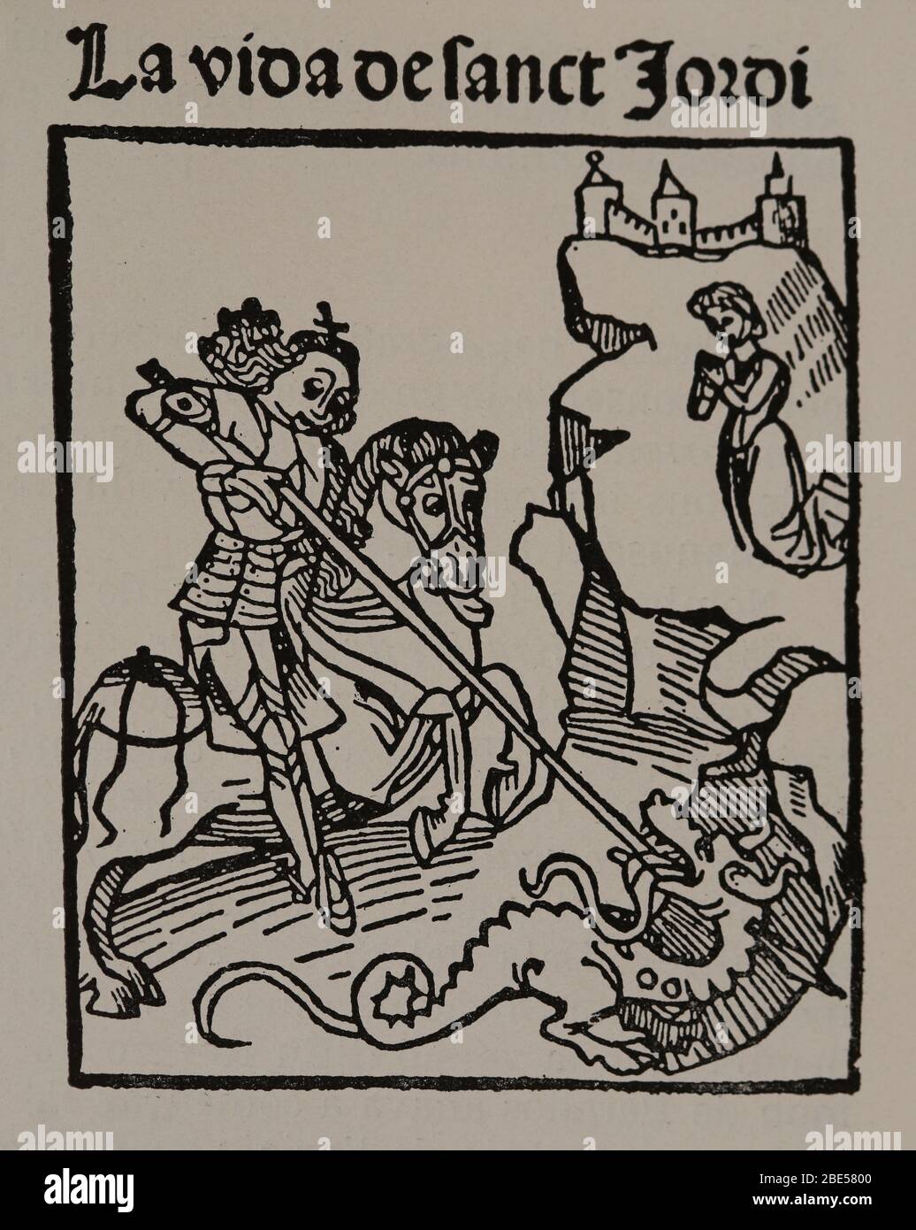 Der heilige Georg und der Drache. Leben des heiligen Georg. Gravur aus Flos Sanctorum, 15. Jahrhundert, 1480. Stockfoto