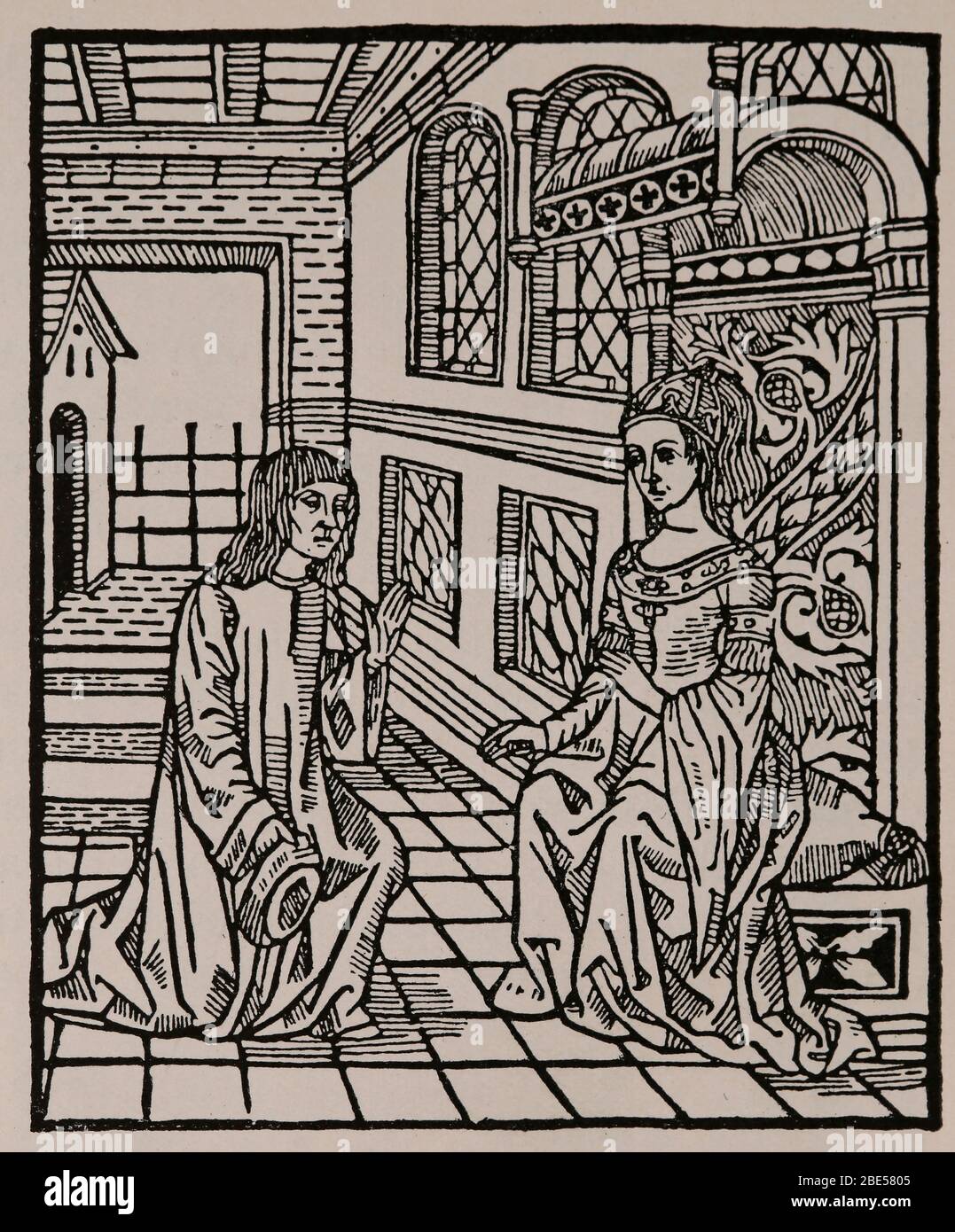 Abbildung. Dichter und Dame. Holzschnitt, 15. Jahrhundert. Von Jordi de Sant Jordi (1390-1424) Stockfoto