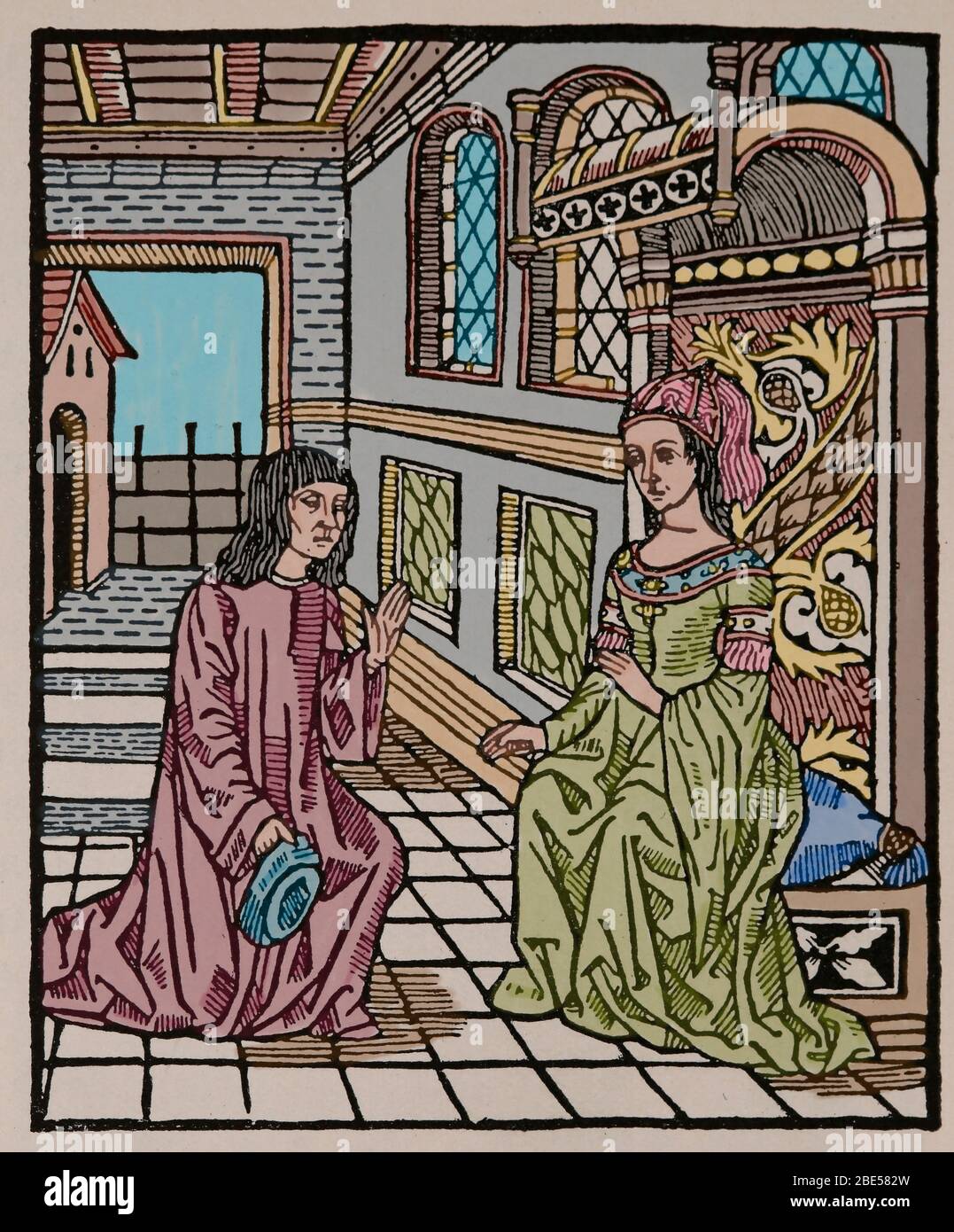 Abbildung. Dichter und Dame. Holzschnitt, 15. Jahrhundert. Von Jordi de Sant Jordi (1390-1424) Stockfoto