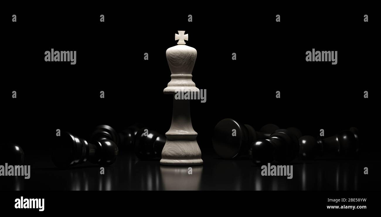 Chess game - weiße König Figur und gefallenen schwarzen Bauern auf einem dunklen Hintergrund Low-Key-Beleuchtung 3d-Rendering-Illustration Stockfoto
