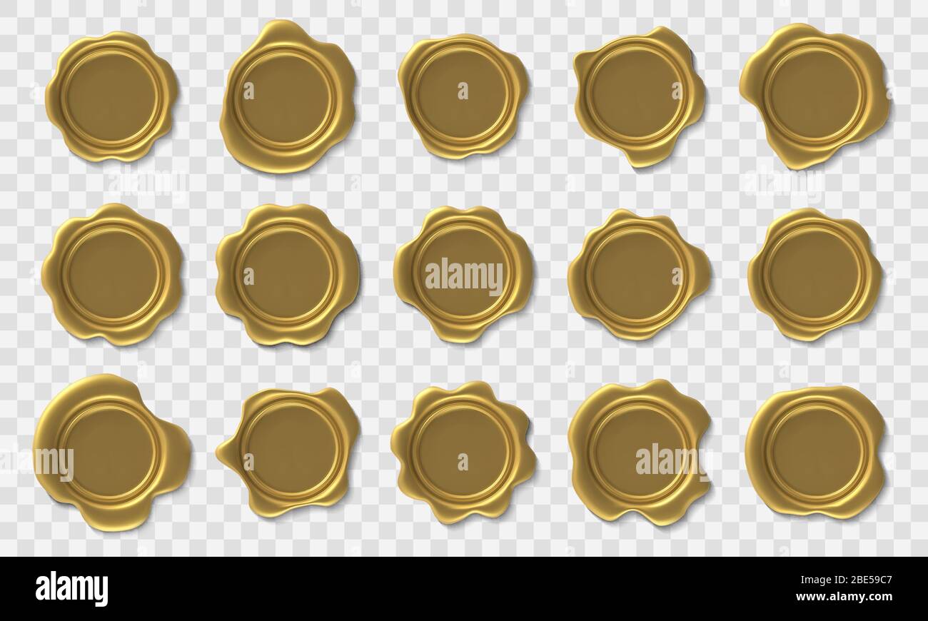 Goldenes Siegel. Umschlag retro Briefmarke, Premium Gold Royal Wachs Siegel und Sicherheit Porto Zertifikat Vektor isoliert Symbole gesetzt Stock Vektor