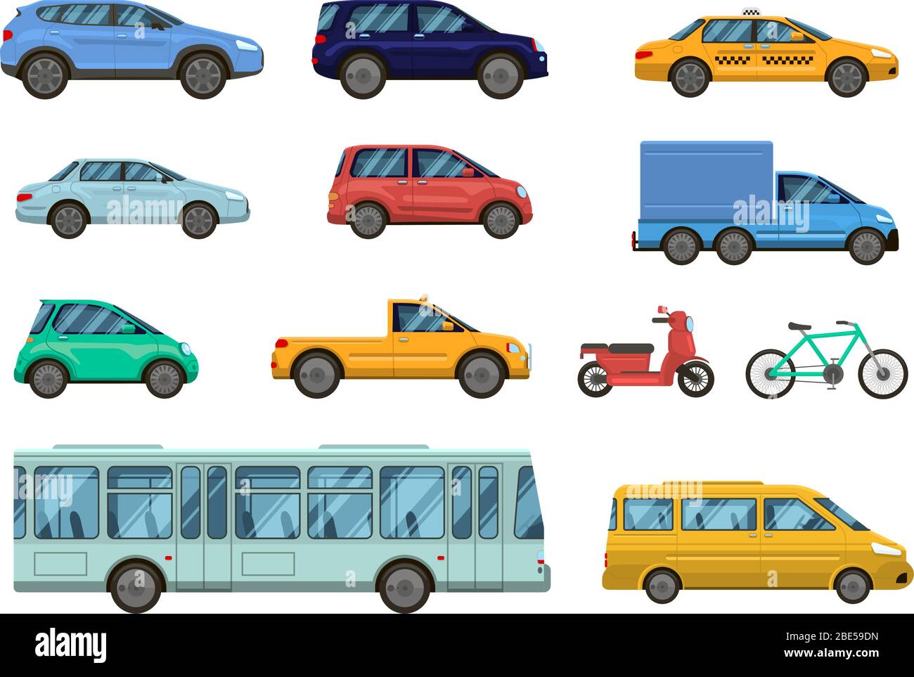 Transportfahrzeug. Öffentliche Autos, Taxi, Stadtbus und Motorrad. Straße städtischen Verkehr, Auto Sammlung Vektor isoliert Set Stock Vektor