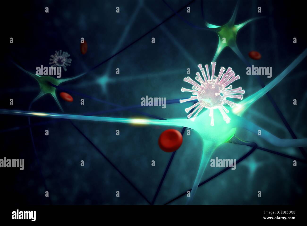 Virus-Ausbreitung mit Neuronenzelle. 3D-Darstellung Rendering Stockfoto