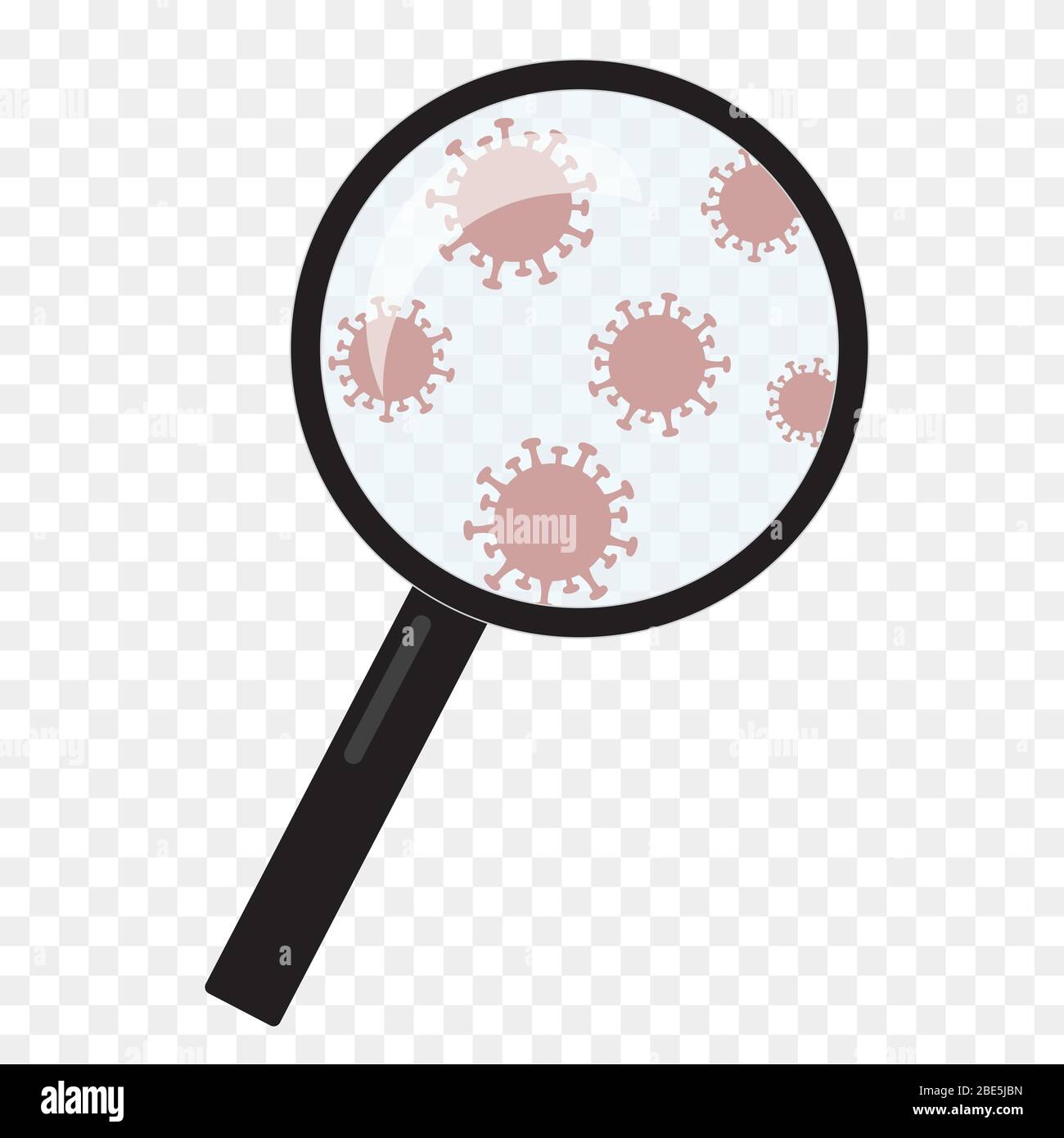 Einfache flache Design Illustration der Lupe mit Bakterien im Labor. Suchen Sie nach Covid-19 oder Coronavirus Krankheit. Isoliert auf transparent b Stock Vektor