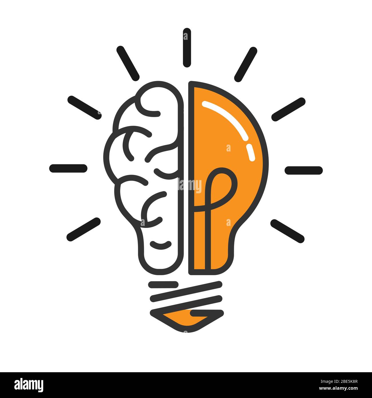 Linke und rechte Gehirnhemisphären in einer Glühlampe. Aufbau eines Denkens oder einer Idee. Vektor-Darstellung auf weißem Hintergrund isoliert. Stock vec Stock Vektor