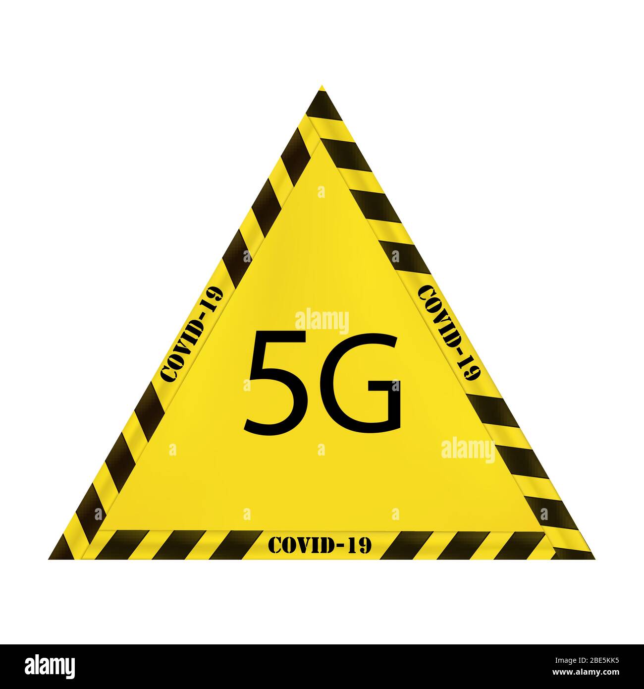 Gelbes Vektor Dreieckzeichen mit gelbem und schwarzem restriktiven Streifen auf weißem Hintergrund isoliert. Konzept der 5g-Abhängigkeit vom Coronovirus. Zeichen von Stock Vektor