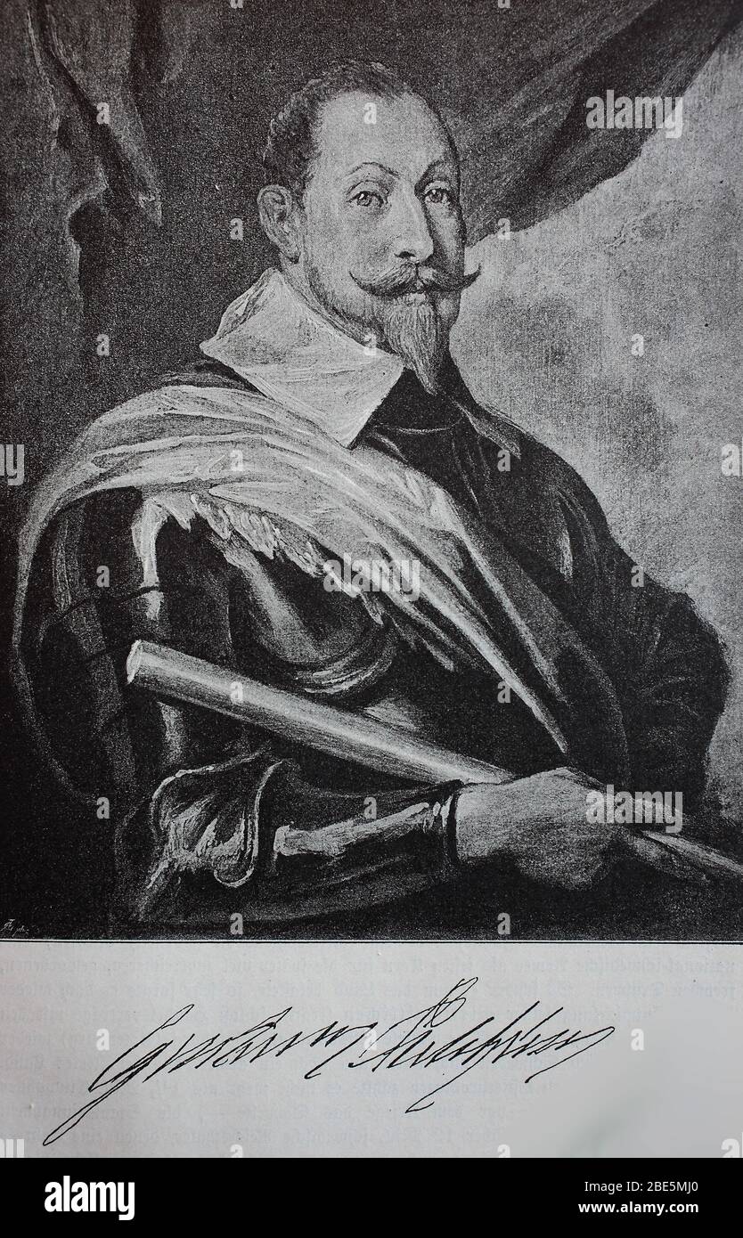 Gustav II Adolf, 19. Dezember 1594 - 16. November 1632, aus dem Hause Vasa war König von Schweden von 1611 bis 1632 und eine der wichtigsten Figuren in der schwedischen Geschichte und der Dreißigjährigen Krieg / Gustav II. Adolf, 19. Dezember 1594 - 16. November 1632, aus dem Haus Wasa war von 1611 bis 1632 König von Schweden und eine der wichtigsten Figuren der schwandischen Geschichte und des Dreißigjährigen Krieges, historisch, digital verbesserte Reproduktion eines Originals aus dem 19. Jahrhundert / Digitale Reproduktion einer Originalvorlage aus dem 19. Jahrhundert Stockfoto
