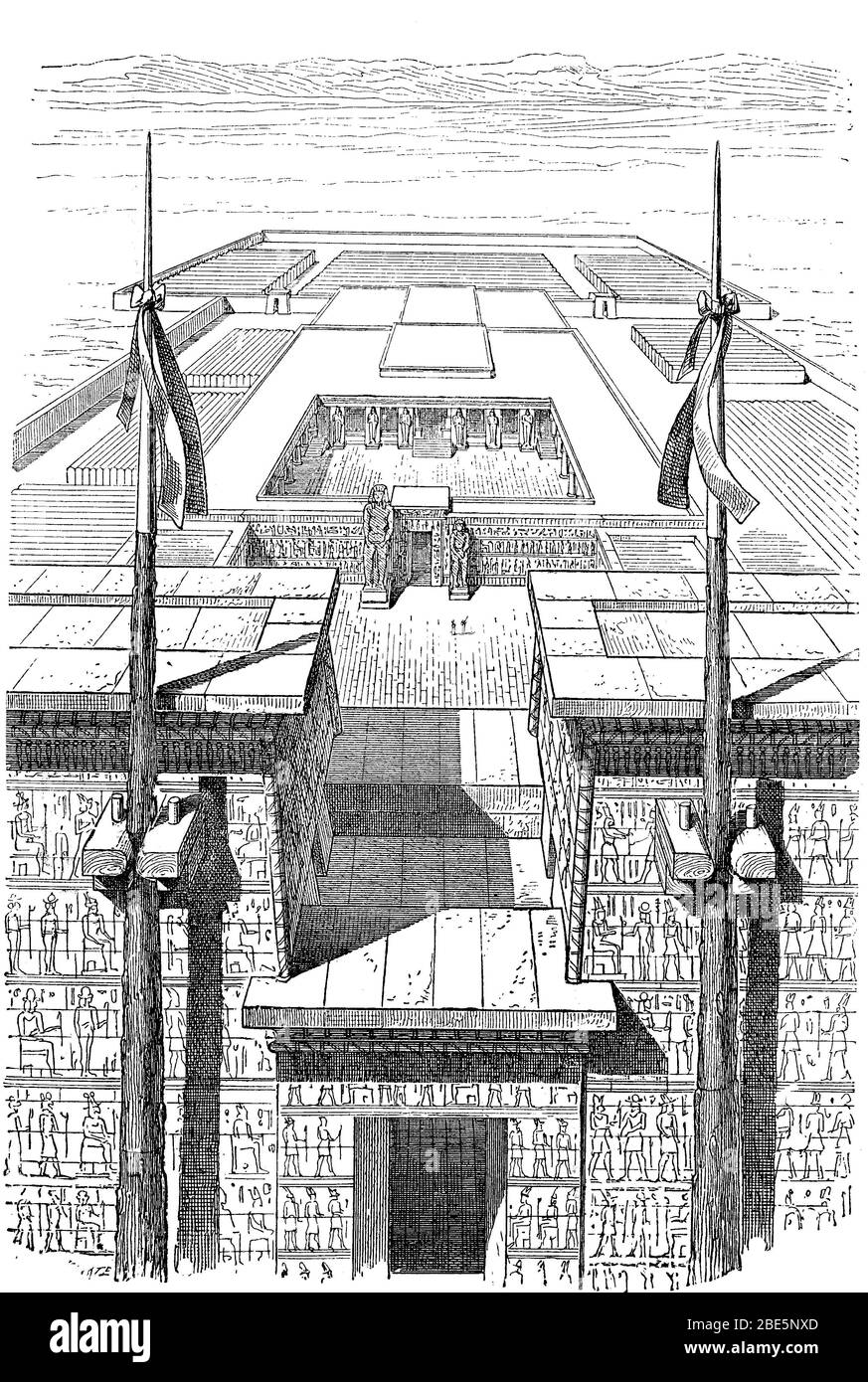 Das Ramesseum, ein Tempel, der von Ramses II in Theben-West errichtet wurde. Zusammen mit den anderen Tempeln, die dort standen, ist es eines der Millionen-Jahre-Häuser, Ägypten / das Ramesseum, ein von Ramses II. In Theben-West erbauter Tempel. Es zählt mit den anderen Tempeln, die dort stehen, zu den Millionenjahrhäusern, Ägypten, historisch, digital verbesserte Reproduktion eines Originals aus dem 19. Jahrhundert / digitale Reproduktion einer Originalvorlage aus dem 19. Jahrhundert Stockfoto