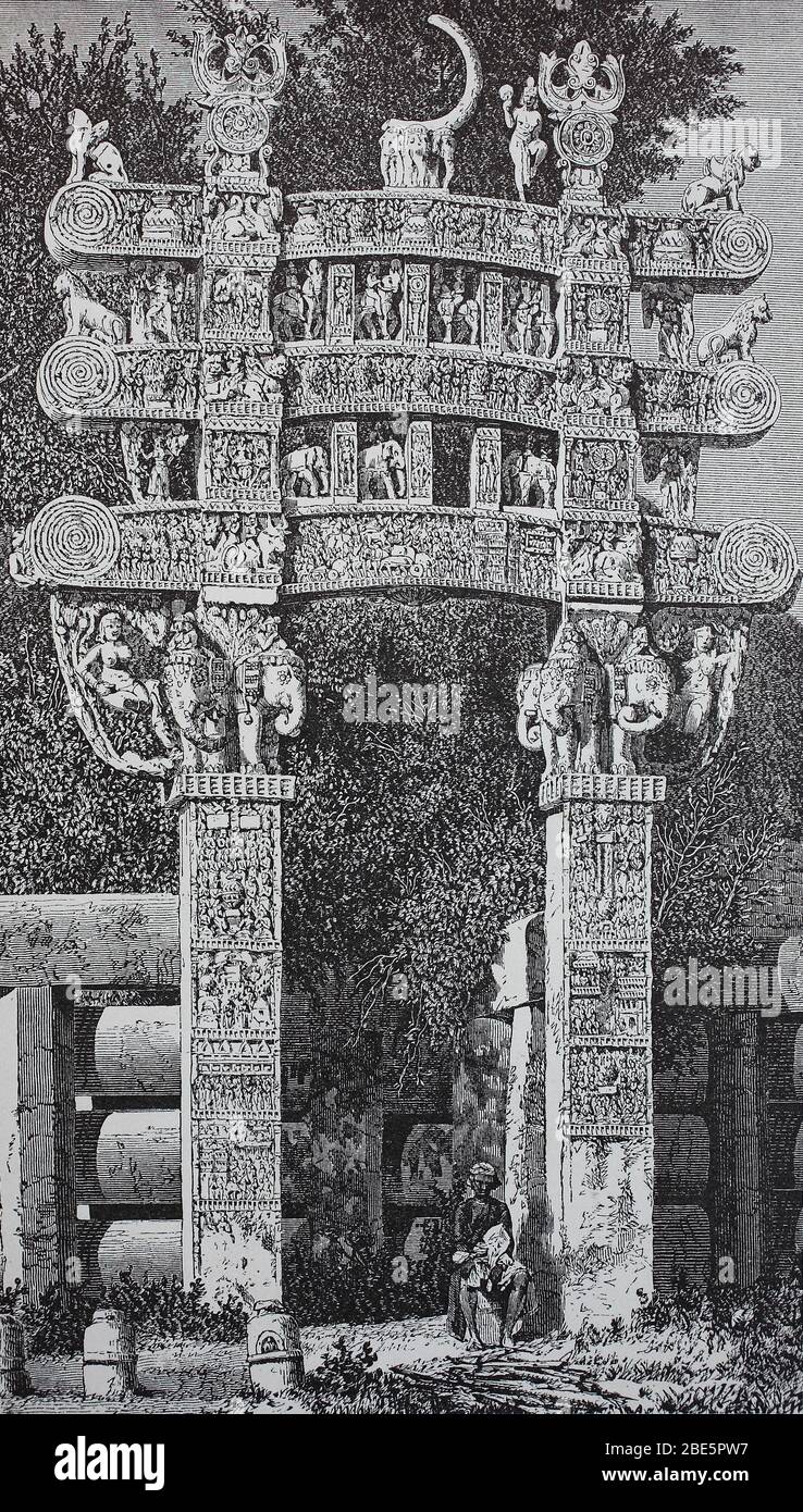Sanchi, Indien, das nördliche Tor der Stupa Nr. 1 ist mit erzählerischen Reliefs verziert und souverän gemeint sind vollplastische Einzelfiguren / Sanchi, Indien, das Nordtor des Stupa Nr. 1 ist mit zahlenden Reliefs und hoheitlich gemeinsamen vollplastischen Einzelfiguren geschmückt, historisch, Digital verbesserte Reproduktion eines Originals aus dem 19. Jahrhundert / Digitale Reproduktion einer Originalvorlage aus dem 19. Jahrhundert Stockfoto