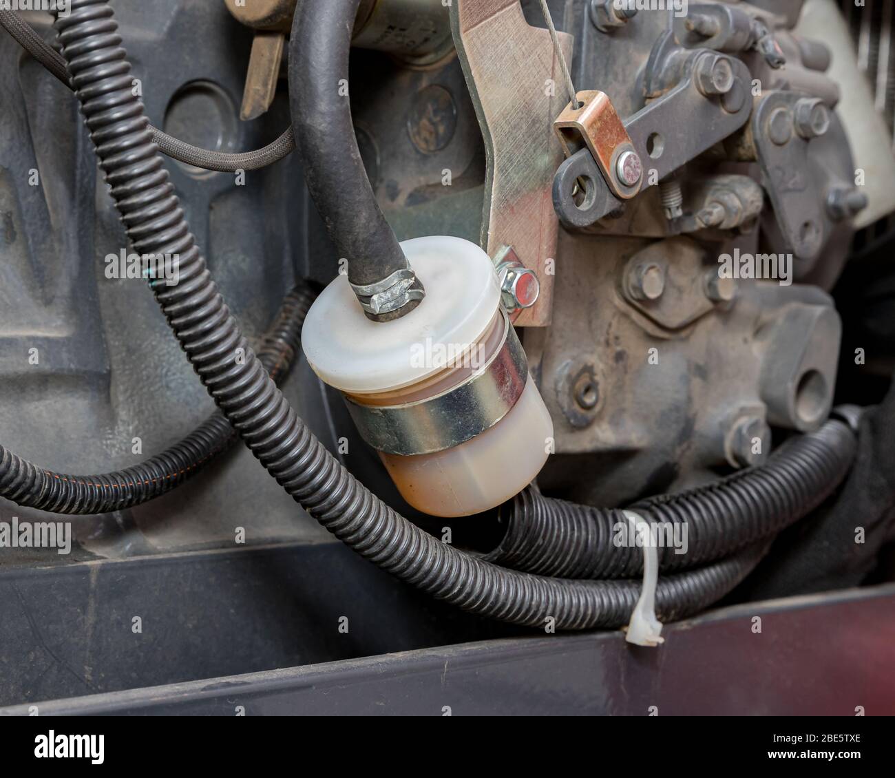 Kraftstofffilter am Dieseltraktormotor. Konzept der kleinen Motor, Rasenmäher Reparatur, Service und Wartung Stockfoto