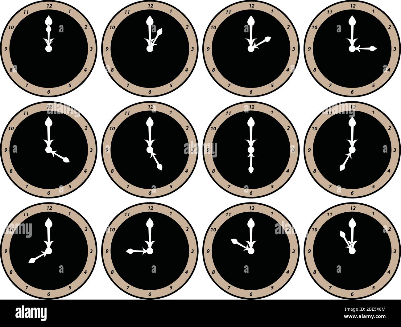 Zwölf analoge Ziffblätter mit weißen Stunden- und Minutenzeigern, die die Uhrzeit von 12 Uhr bis 11 Uhr anzeigen Stock Vektor