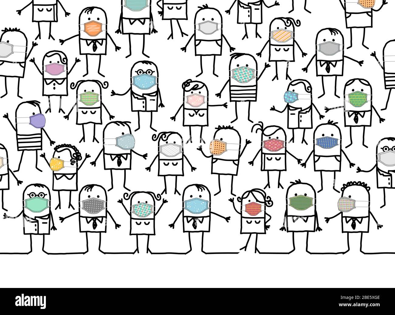 Handgezeichnete Cartoon Gruppe von Menschen mit hausgemachten farbigen Schutzmasken Stock Vektor