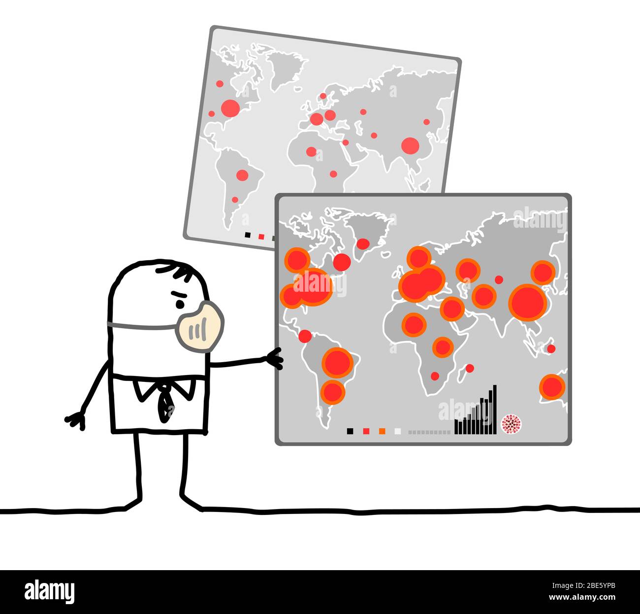 Handgezeichneter Cartoon-Mann mit Maske, der eine Weltkarte mit großen viralen Epidemien-Punkten beobachtet Stock Vektor