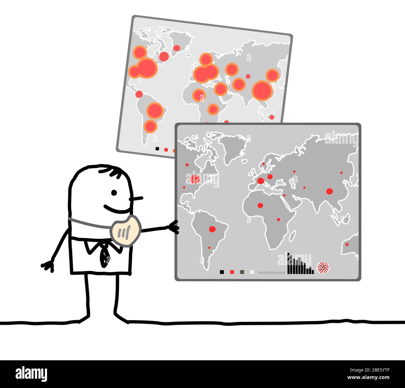 Handgezeichneter Cartoon-Mann ohne Maske, der eine Weltkarte mit kleinen viralen Epidemien-Punkten beobachtet Stock Vektor