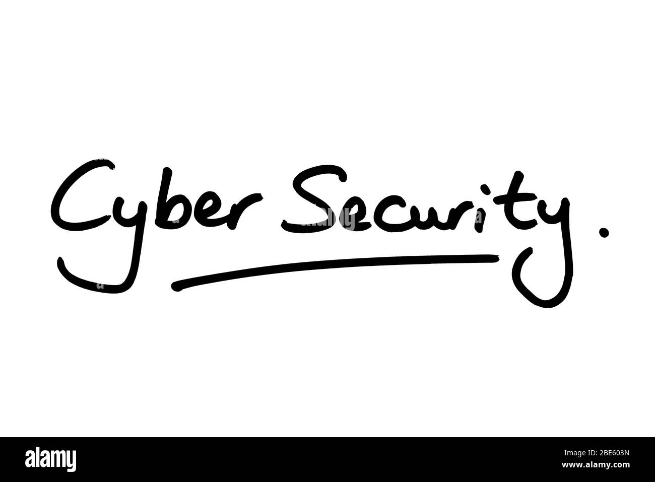 Cyber Security handschriftlich auf weißem Hintergrund. Stockfoto