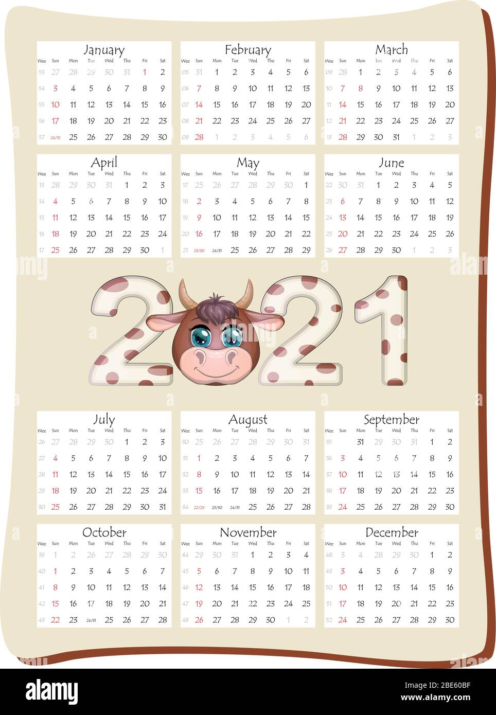 2021 Jahreskalender 12 Monate, Kalendervorlage in vertikaler Ausrichtung mit schöner Aufschrift 2021 mit dem Symbol der Jahreskuh, Stier. Stock Vektor