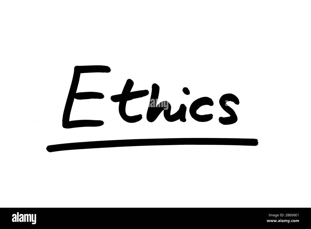 Das Wort Ethik handgeschriebene auf einem weißen Hintergrund. Stockfoto