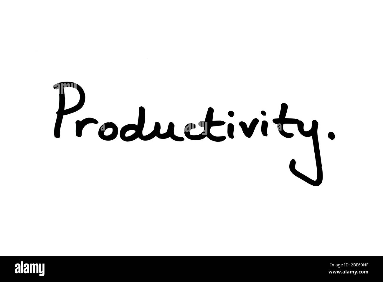Das Wort Produktivität handschriftlich auf weißem Hintergrund. Stockfoto