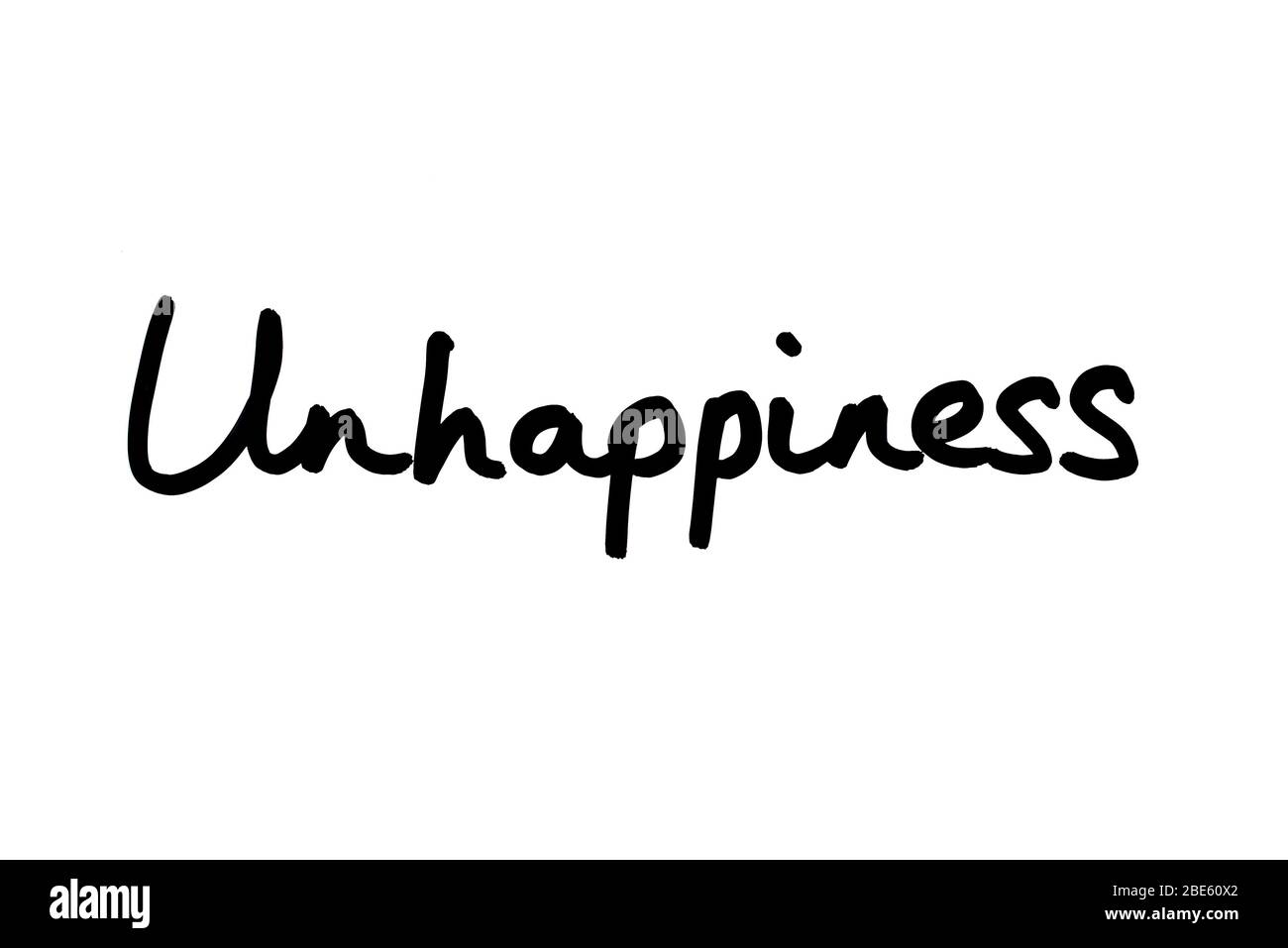 Das Wort Unglück handgeschrieben auf einem weißen Hintergrund. Stockfoto
