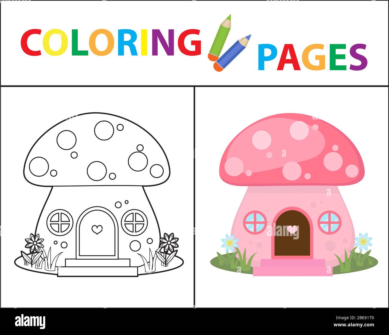 Malbuch Seite. Pilzhaus. Skizzenumriss und Farbversion. Färbung für