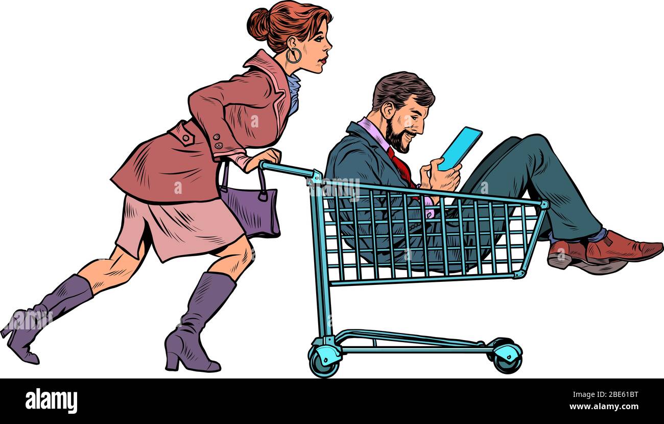 Frau mit einem Mann in einem Einkaufswagen im Supermarkt Stock Vektor