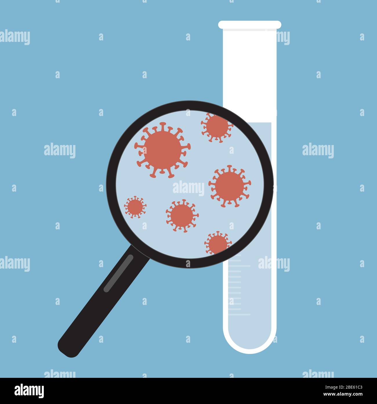 Einfache flache Design-Illustration von Lupe mit Bakterien und Reagenzgläsern im Labor. Suchen Sie nach Covid-19 oder Coronavirus Krankheit. Isoliert o Stock Vektor