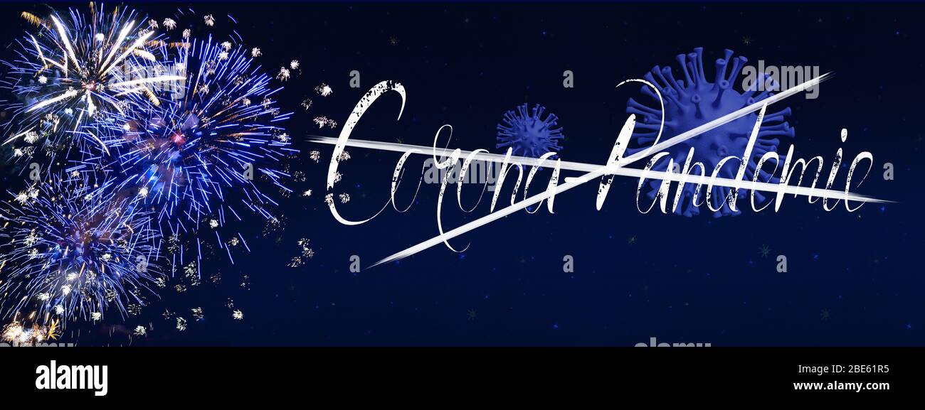 Das Ende der Corona Pandemie mit Feuerwerk auf blauem Hintergrund Stockfoto