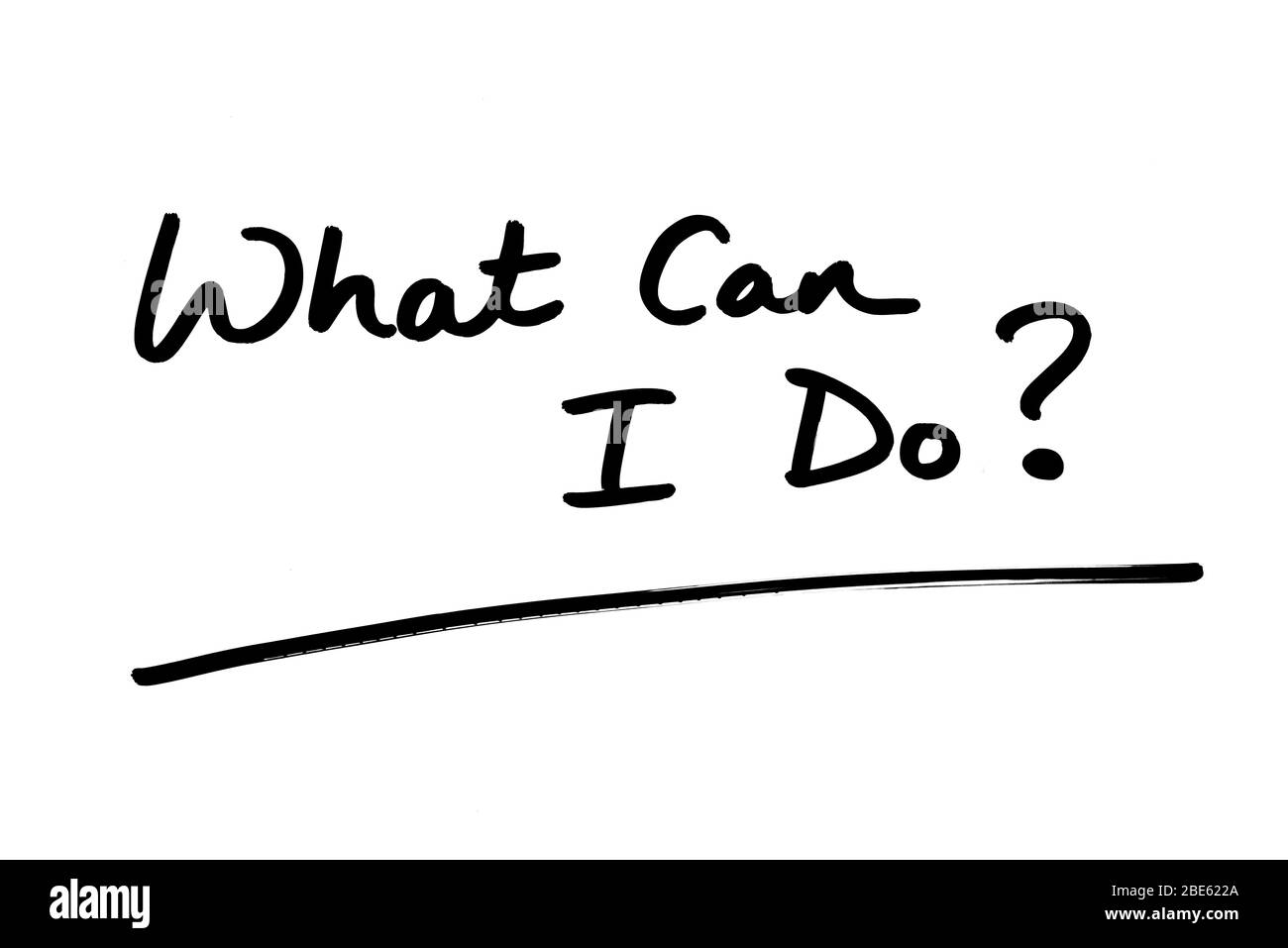 Was kann ich tun? Handgeschrieben auf weißem Hintergrund. Stockfoto