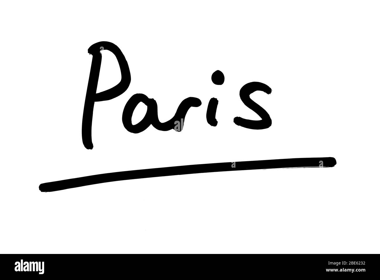 Paris handschriftlich auf weißem Hintergrund. Stockfoto
