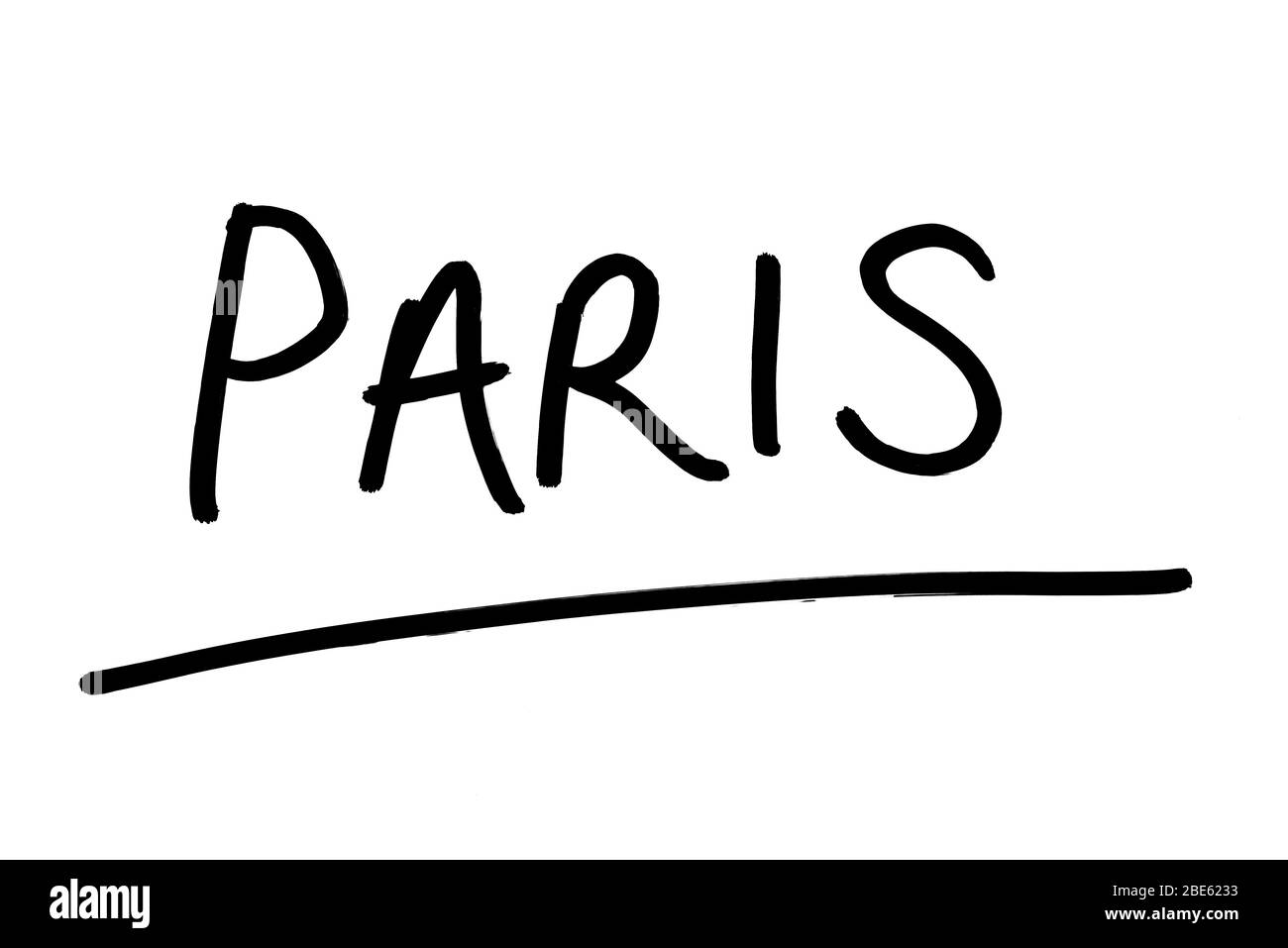 PARIS handschriftlich auf weißem Hintergrund. Stockfoto