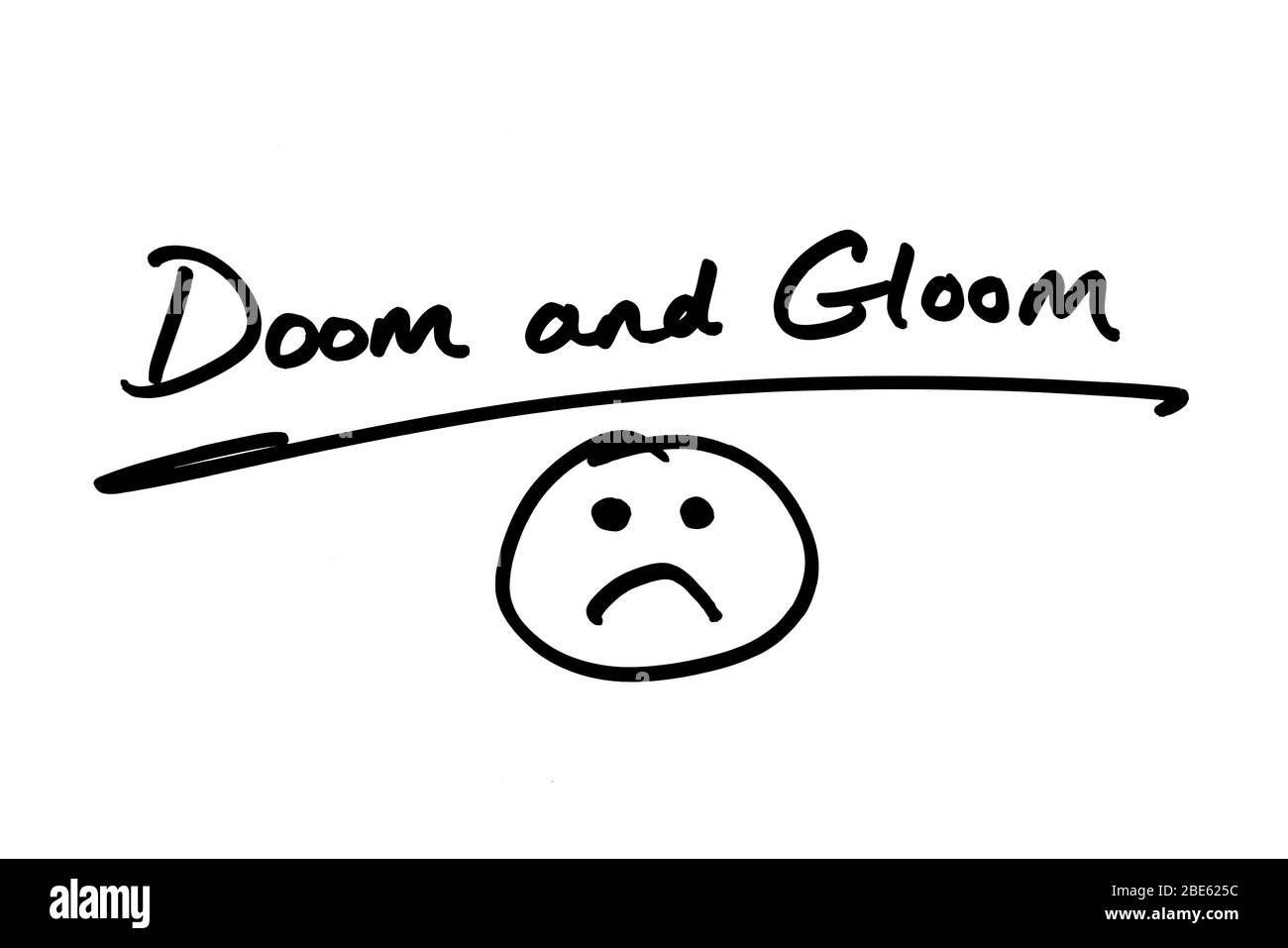 Doom und düster und ein trauriges Gesicht Doodle auf einem weißen Hintergrund. Stockfoto