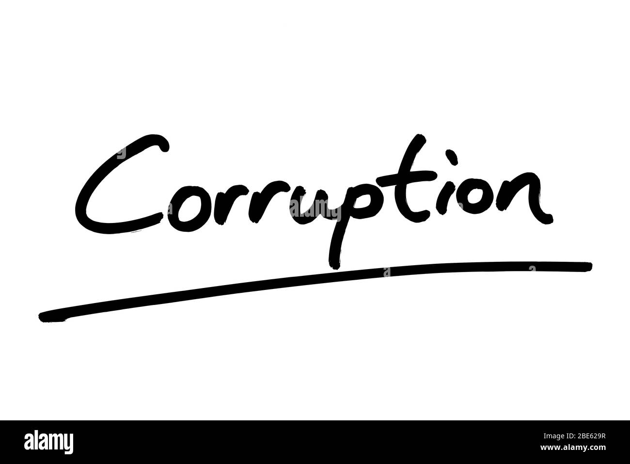 Das Wort Korruption handgeschrieben auf einem weißen Hintergrund. Stockfoto