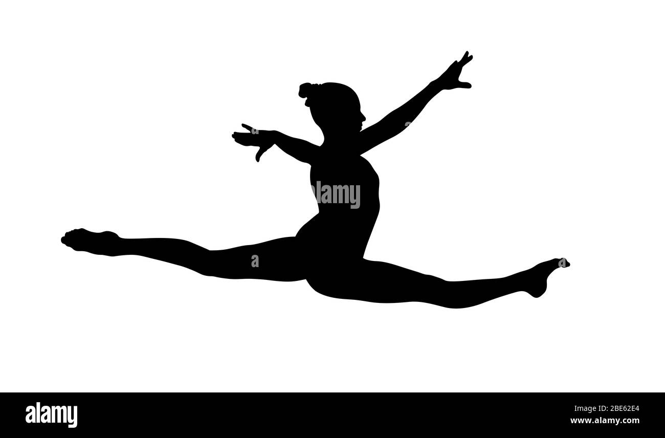 Mädchen Turnerin Übung Split im Sprung. Isoliert schwarze Silhouette Stockfoto