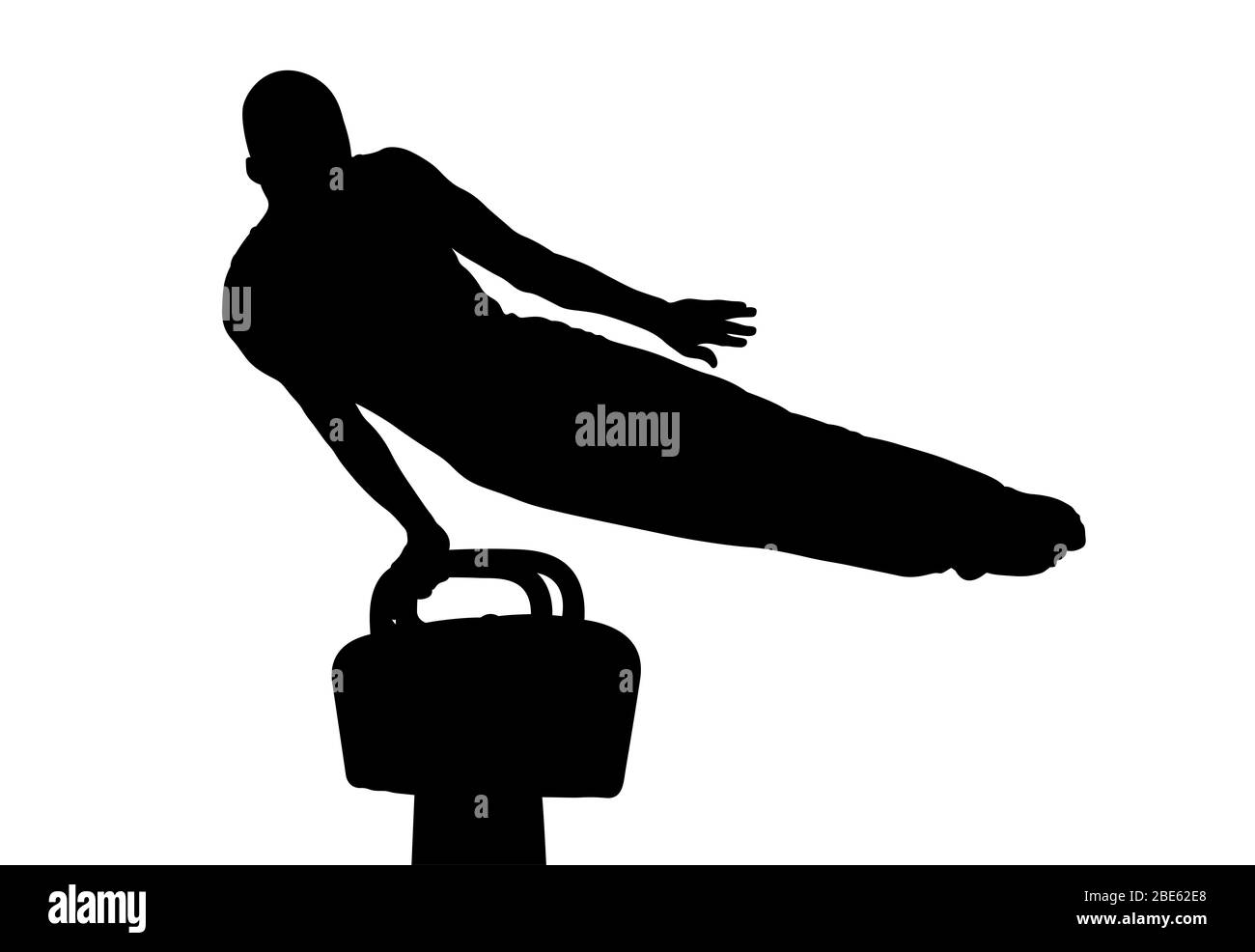 Athlet Turnerin Übung auf Pauschenpferd. Isoliert schwarze Silhouette Stockfoto