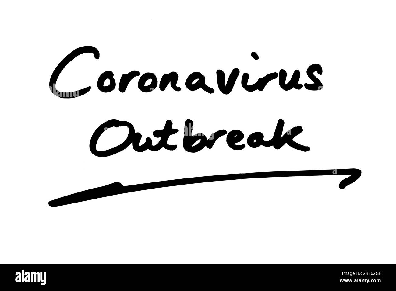 Coronavirus Ausbruch handschriftlich auf weißem Hintergrund. Stockfoto