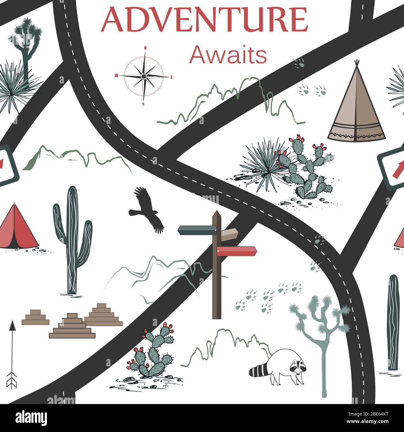 Straßen, Berge und Kakteen Abenteuer Nahtloses Muster. USA Landschaften Hintergrund. Design für Print, Wandteppich oder Poster mit amerikanischen Symbolen. Vektor Stock Vektor