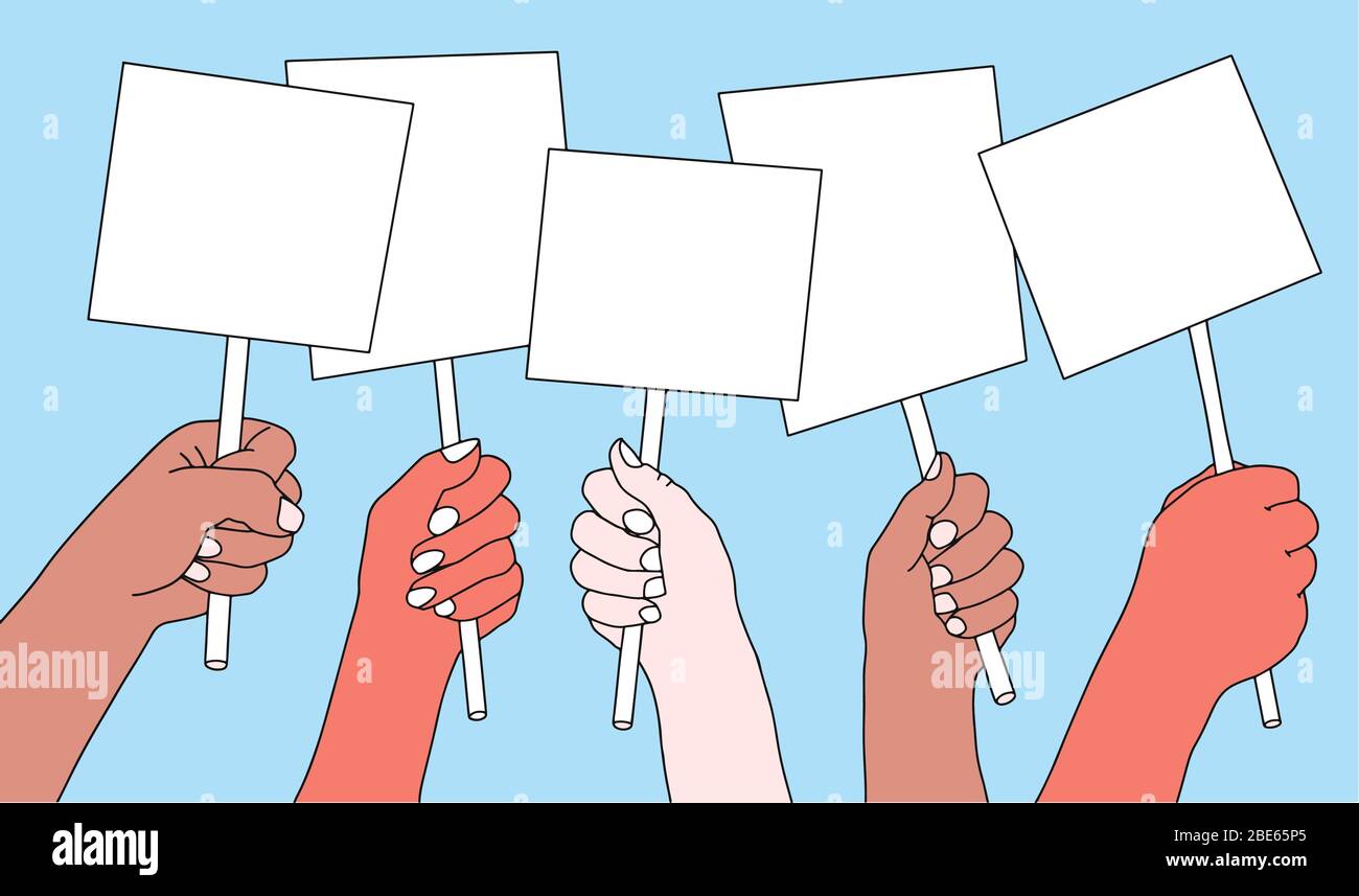Hände verschiedener Nationalitäten mit leerem Protestschild. Platz für Text kopieren. Plakat leer, Protest Ansage Board. Cartoon Vektor Stock Vektor