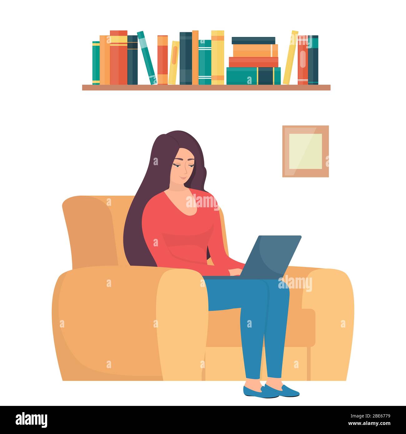 Frau im Stuhl mit Laptop sitzend. Mädchen mit Laptop, die Remote-Arbeit. Online-Freelance-Work-Konzept Illustration. Arbeiten von zu Hause aus. Modern flach Stock Vektor