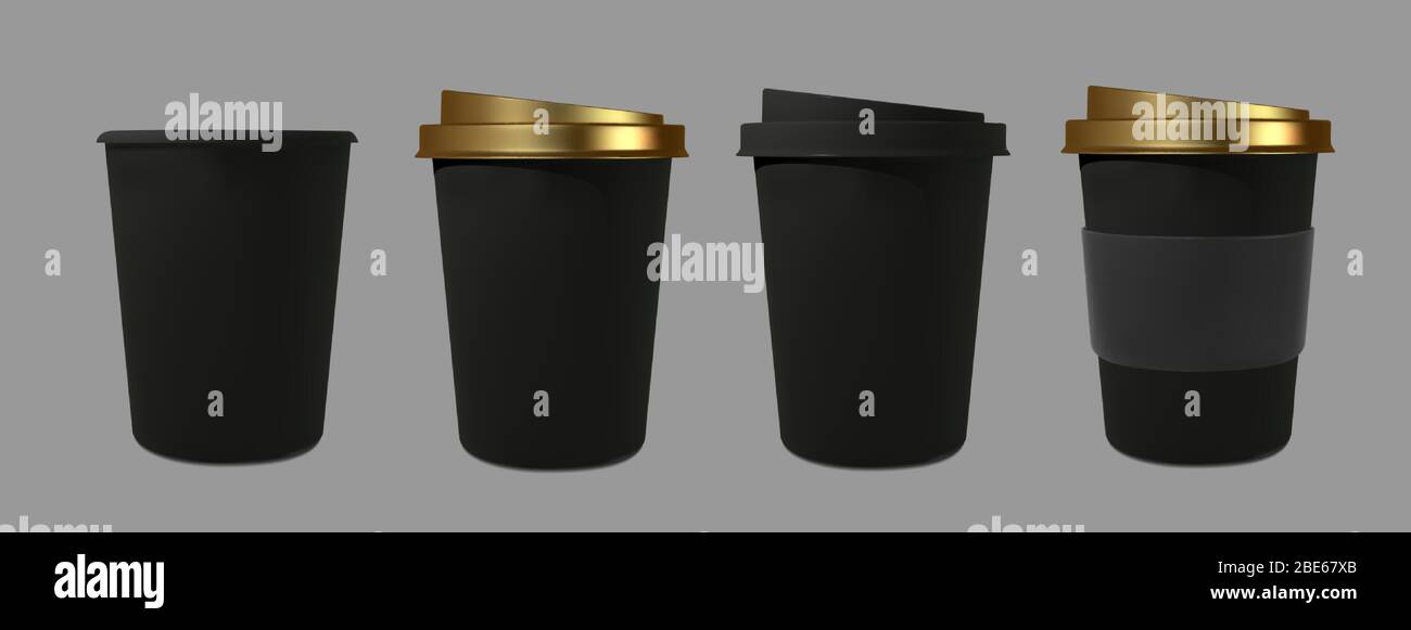 Set schwarzen Papier realistische Kaffee und Tee Tasse. Mockup isometrische Kaffeetassen. Einwegglas für Getränke. Vorlage für Produkte, Web-Banner und Stock Vektor