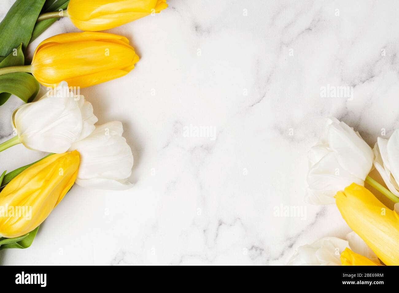 Muttertag Hintergrund mit weißen und gelben Tulpen auf Marmortisch. Frühlingskonzept. Kopierbereich Stockfoto