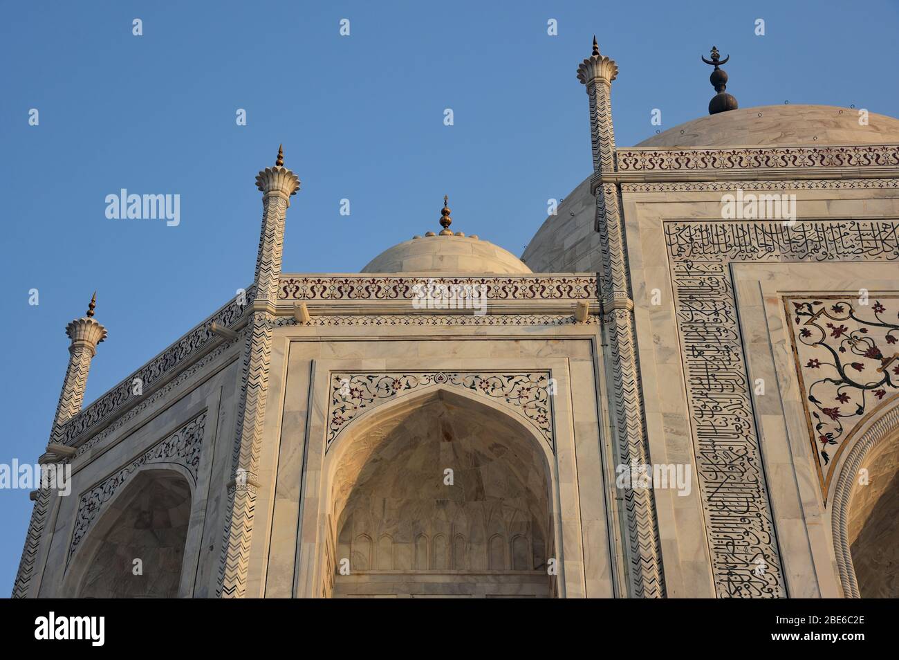 Taj Mahal Nahaufnahme, reiner weißer Marmor aus Makrana in Rajasthan und elegante Kalligraphie erhalten, machen diese schöne Mausoleum, Agra, Indien, Asien. Stockfoto