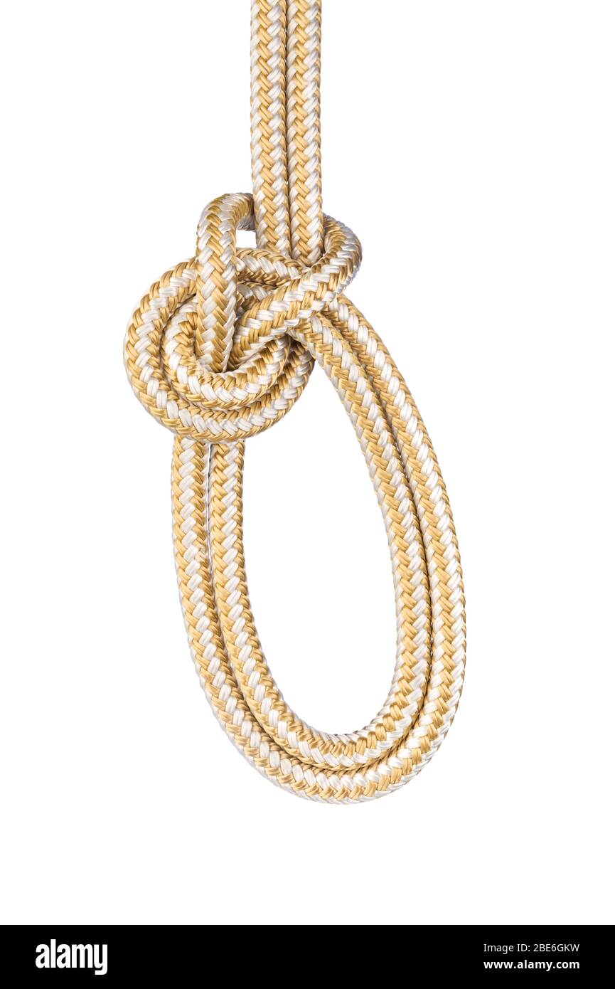 Die Bowline mit einer Kegel ist ein Knoten, der ein Paar feste Schlaufen in der Mitte eines Seils bildet, wie auf diesem Foto gezeigt. Stockfoto