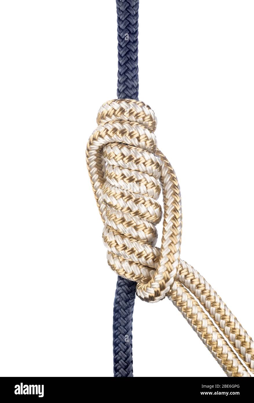 Der Klemheist Knoten ist eine Art Reibungshechege, die das Seil beim Auftragen des Gewichts greift und sich frei bewegen kann, wenn das Gewicht freigegeben wird. In Kl Stockfoto