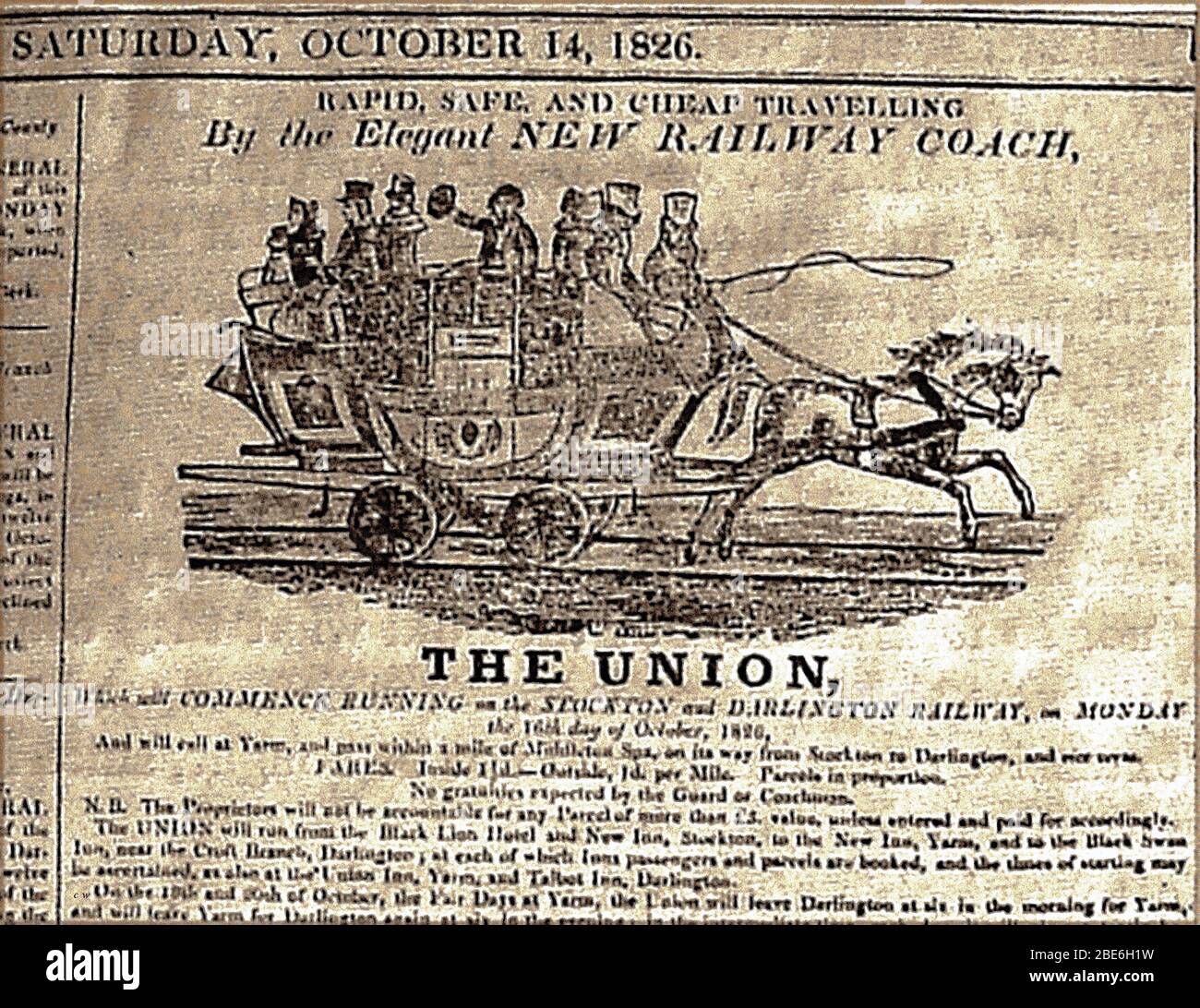 Eine alte Zeitungsmitteilung vom Oktober 1826, in der der Beginn des von der Union Horse gezogenen Dienstes auf der Stockton-Darlington-Eisenbahn angekündigt wird. Es wird als schnell, billig und sicher angekündigt. Eine Reihe von Städten, Gasthäusern und Hotels sind in der Werbung erwähnt. Stockfoto