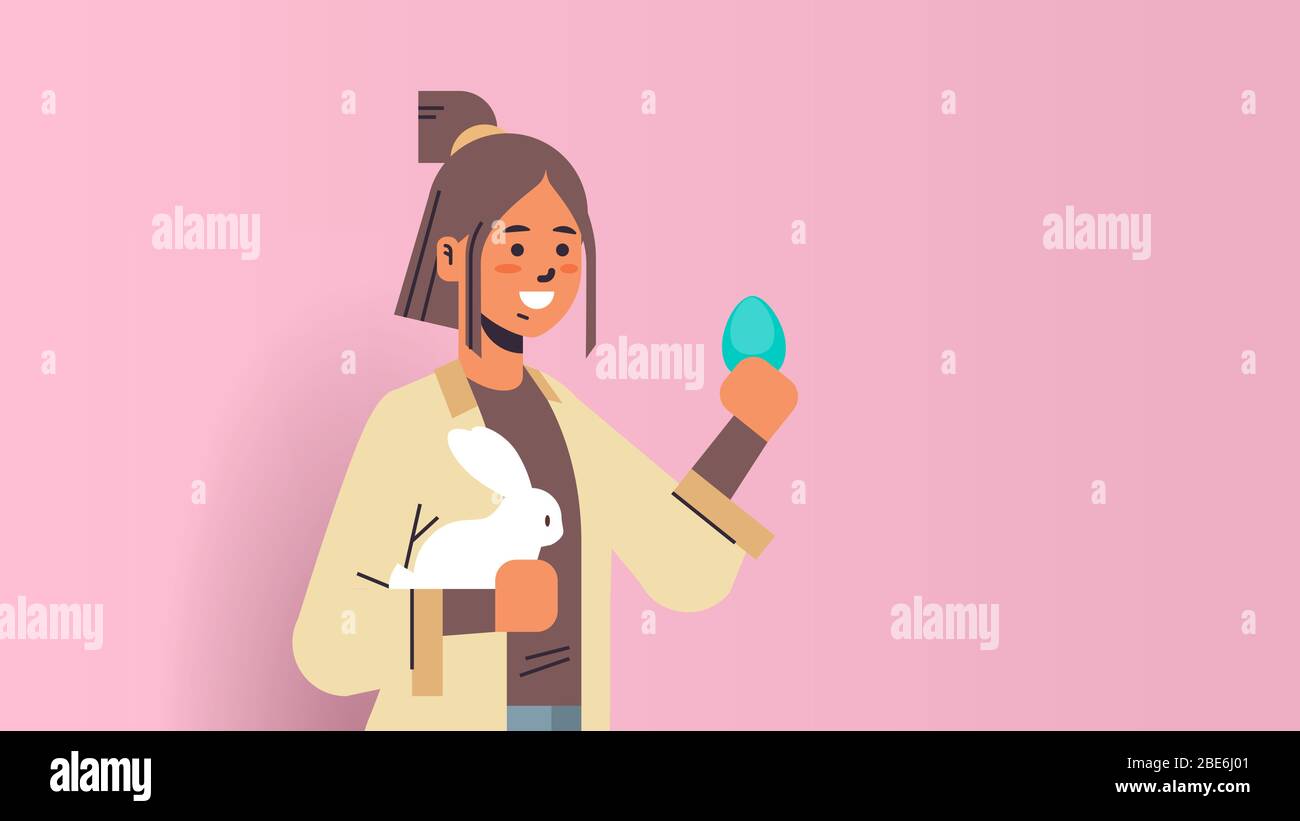 Attraktive Frau hält Kaninchen und Ei lächelndes Mädchen feiern frohe osterferien horizontal Porträt Vektor Illustration Stock Vektor