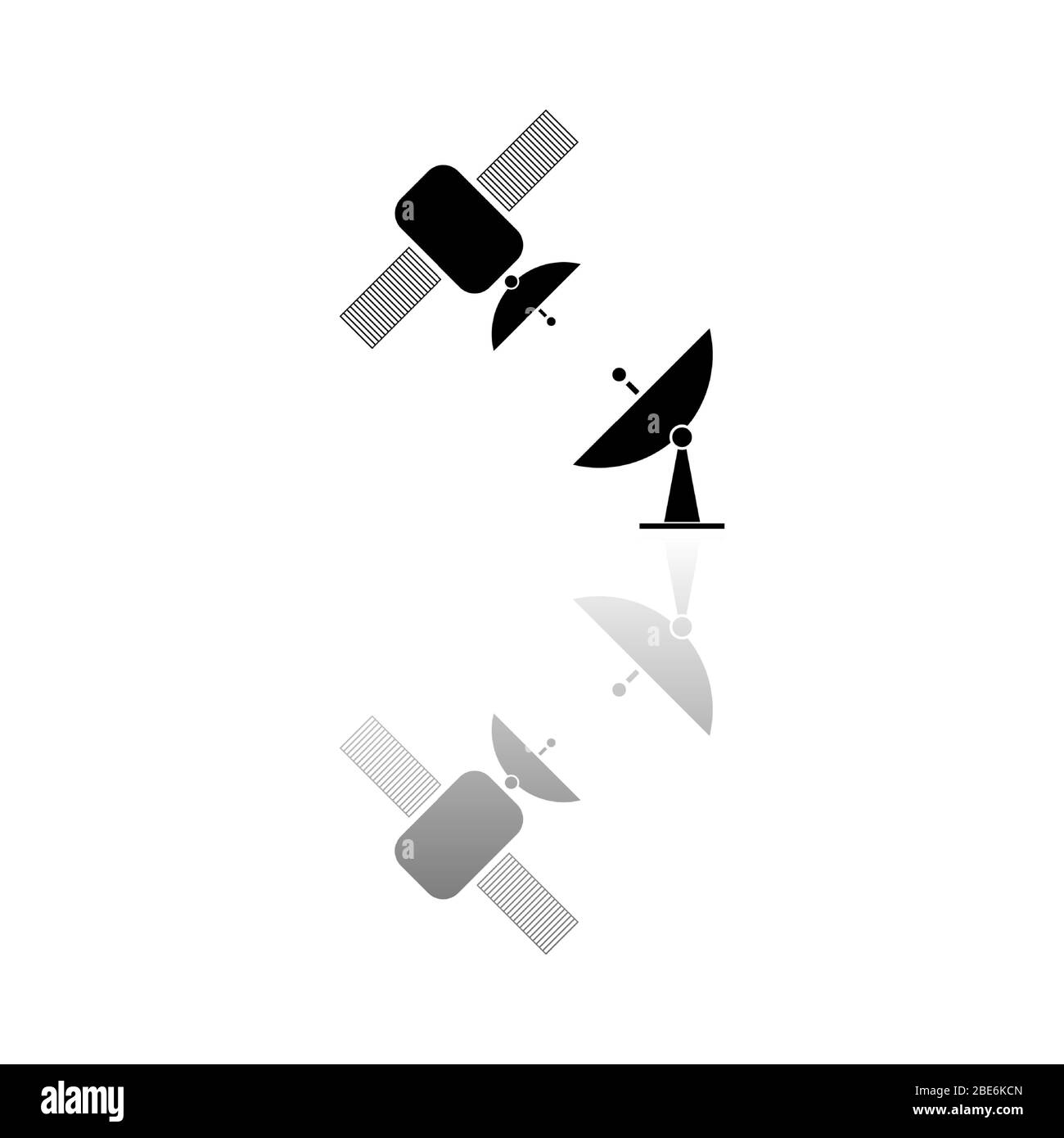 Satellitenverbindung. Schwarzes Symbol auf weißem Hintergrund. Einfache Illustration. Flacher Vektor. Spiegelreflexionsschatten. Kann in Logo, Web, Mob verwendet werden Stock Vektor