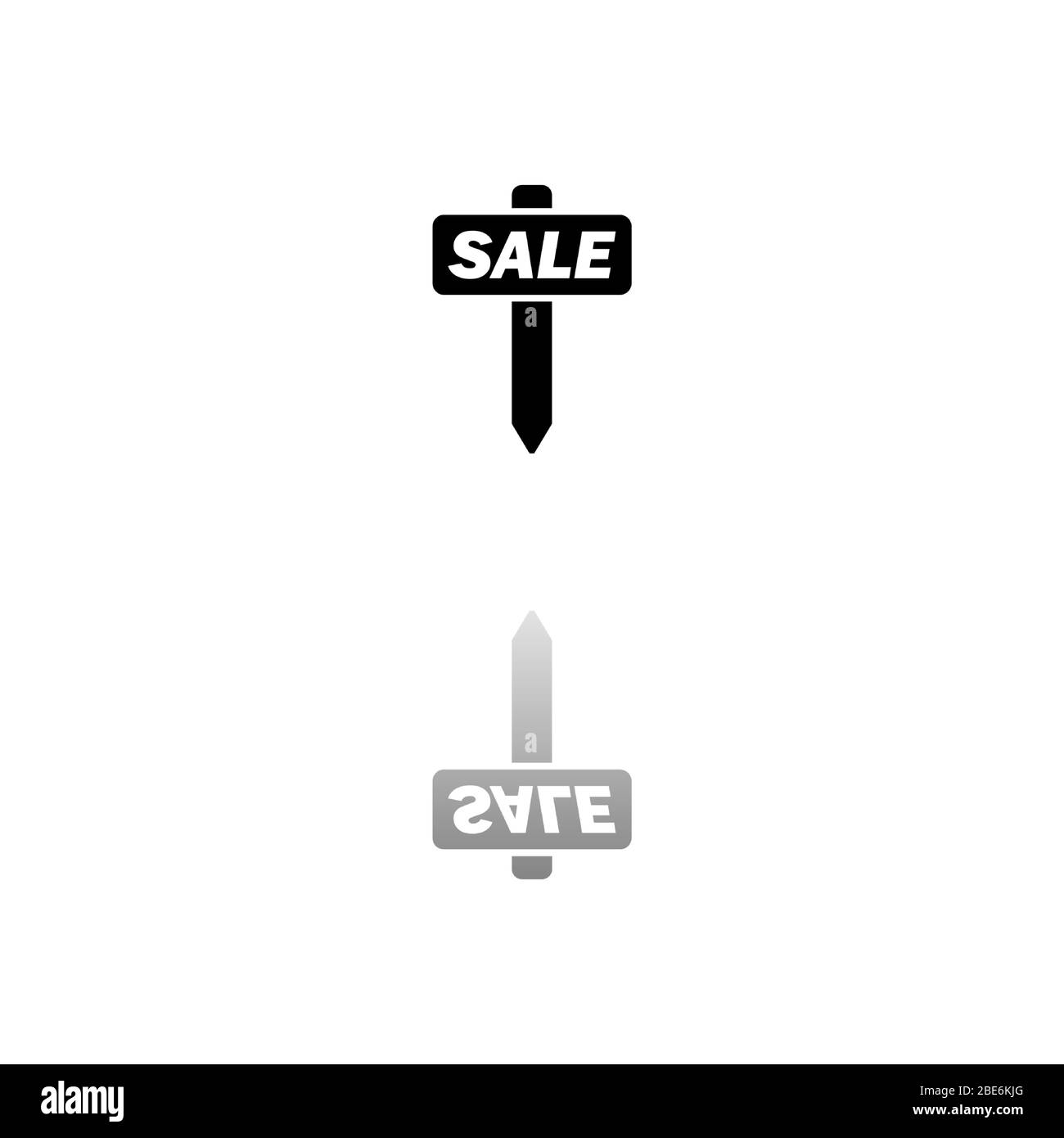 Zum Verkauf. Schwarzes Symbol auf weißem Hintergrund. Einfache Illustration. Flacher Vektor. Spiegelreflexionsschatten. Kann in Logo, Web, Mobile und UI UX Projekten verwendet werden Stock Vektor