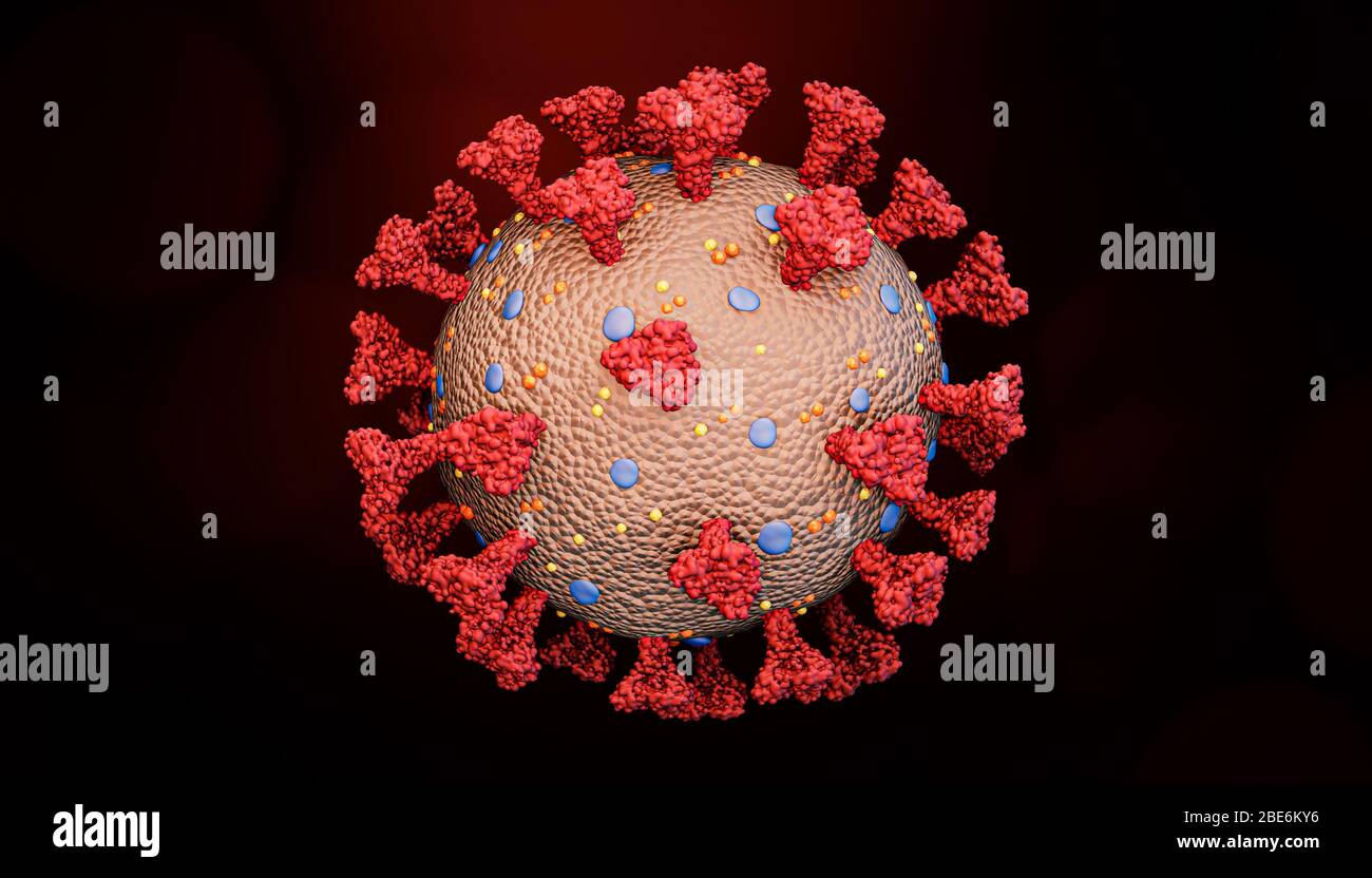 Genaue wissenschaftliche Rendering einer Coronavirus-Zelle wie Covid oder einer Grippe-Virus-Struktur mit Spitzen Glykoprotein, M-Proteine, E-Proteine, Hämagglutinin A Stockfoto