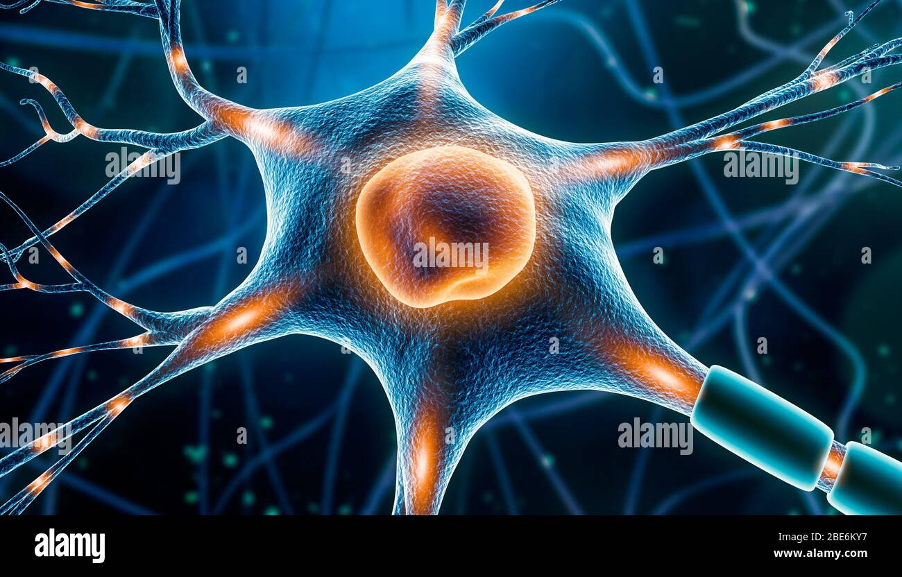 Nahaufnahme der Nervenzelle 3D-Rendering-Illustration mit nervösen Impulsen entlang der Dendriten, des Axons, des Somas und des Nukleus. Neuronale und Gehirnaktivität, Stockfoto