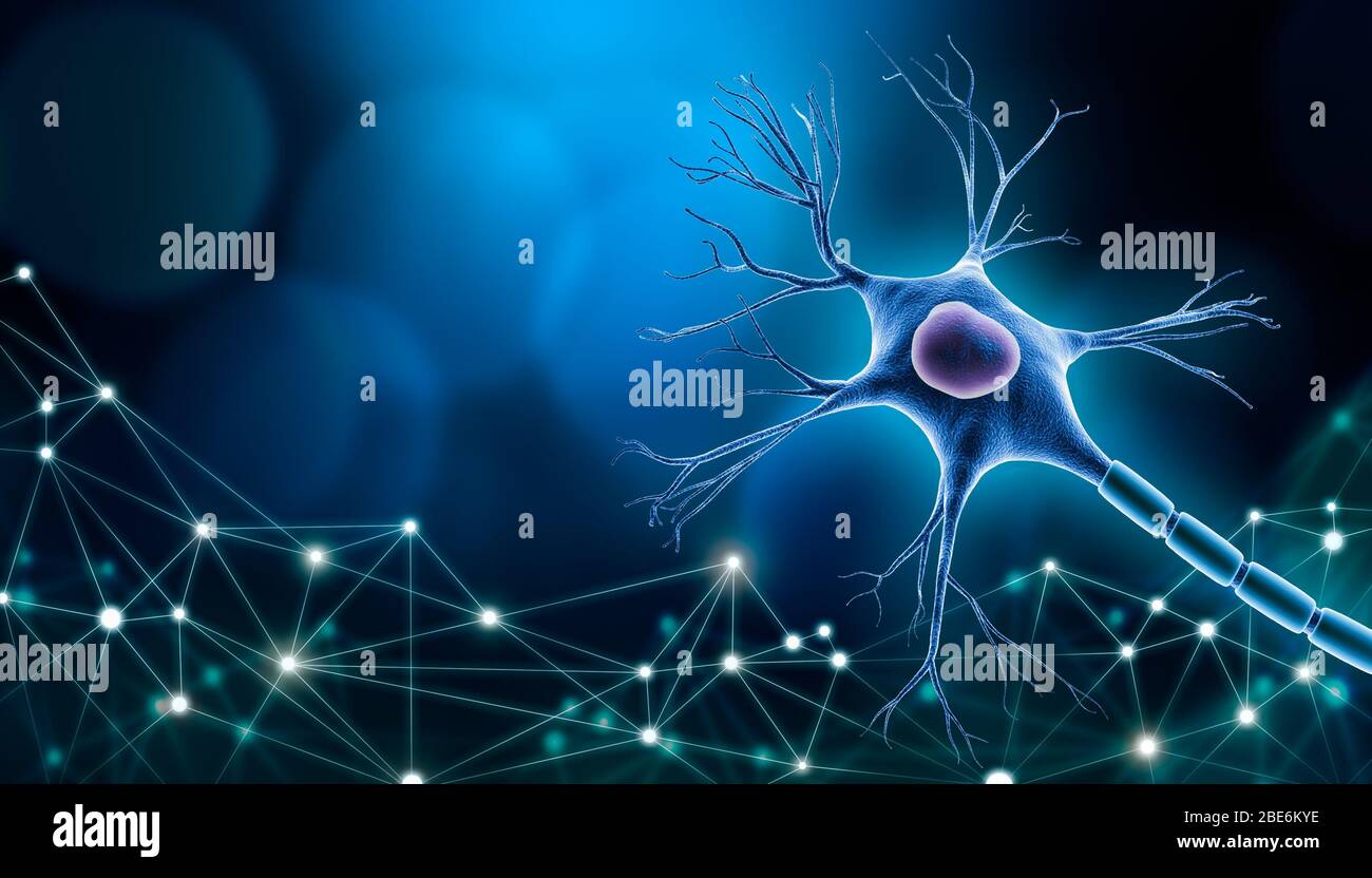 Neuronzellen-Körper mit Nukleus-Design, 3D-Rendering-Illustration mit Kopierraum und blauem Hintergrund. Mit Plexus Linien Netzwerk. Neurowissenschaft, Neurolog Stockfoto